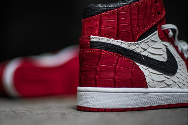 Shoe Surgeon's Exotic Custom-Made Air Jordan 1s Gator White Python Black shark white leather laces white mid-sole