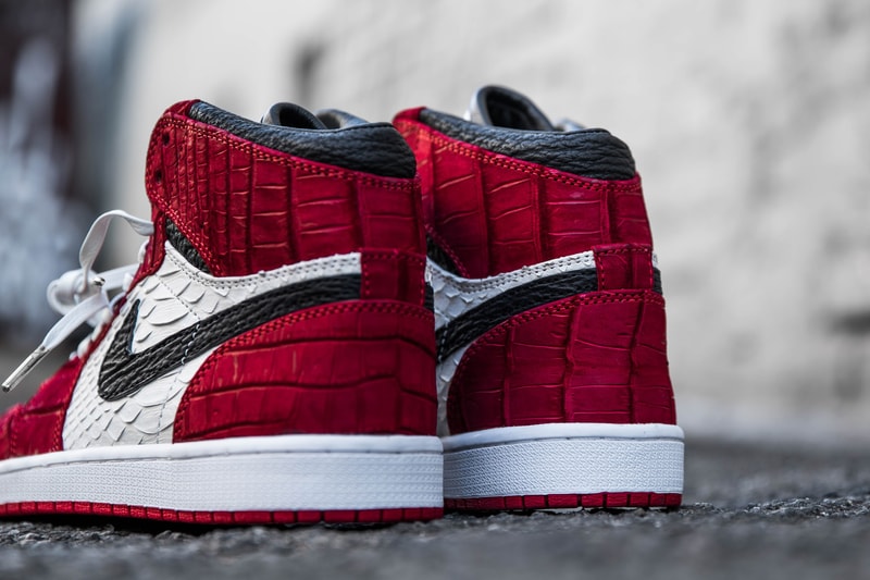Shoe Surgeon's Exotic Custom-Made Air Jordan 1s Gator White Python Black shark white leather laces white mid-sole