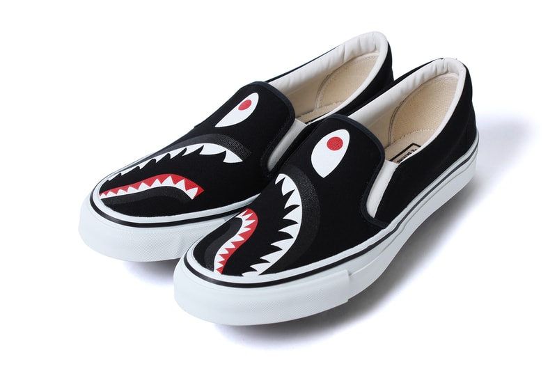 BAPE Shark Slip Ons and 1st Camo Shark Yank Sta red black navy canvas