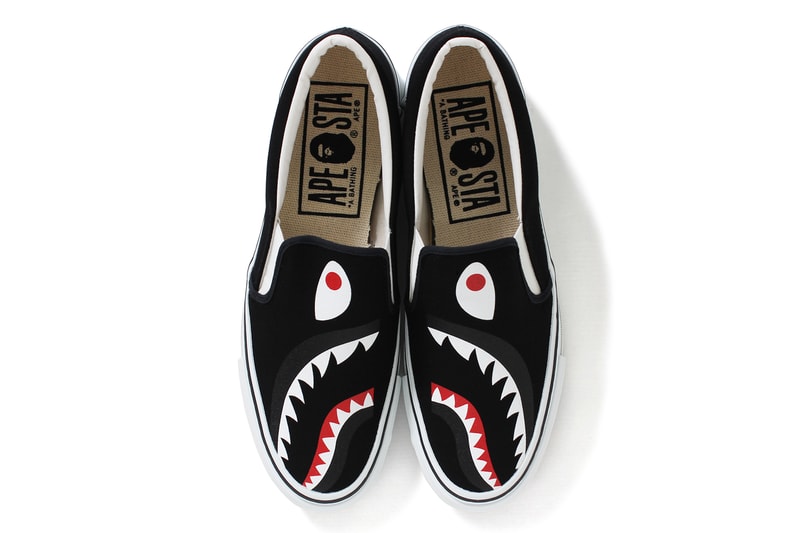 BAPE Shark Slip Ons and 1st Camo Shark Yank Sta red black navy canvas