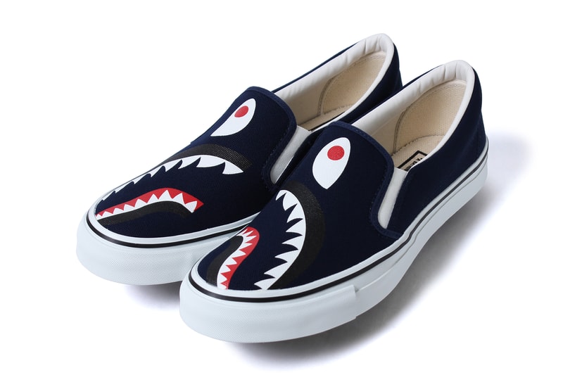 BAPE Shark Slip Ons and 1st Camo Shark Yank Sta red black navy canvas