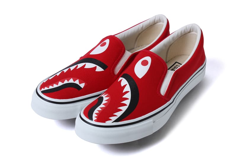 BAPE Shark Slip Ons and 1st Camo Shark Yank Sta red black navy canvas