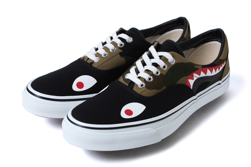 BAPE Shark Slip Ons and 1st Camo Shark Yank Sta red black navy canvas