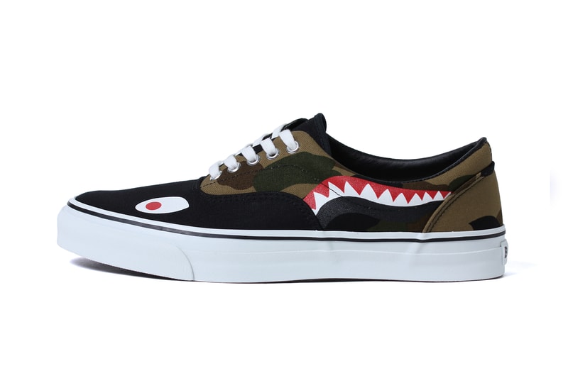 BAPE Shark Slip Ons and 1st Camo Shark Yank Sta red black navy canvas