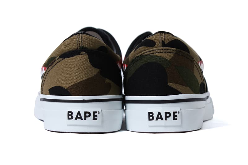 BAPE Shark Slip Ons and 1st Camo Shark Yank Sta red black navy canvas