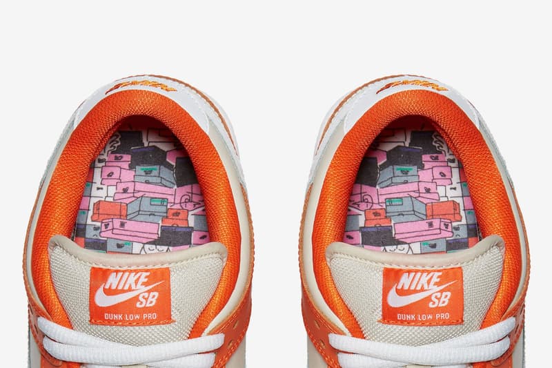 Nike SB Dunk Low Premium Orange Box Closer Look Old School Orange white colorway skateboarding white swoosh shoebox emboss