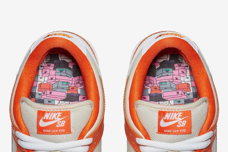Nike SB Dunk Low Premium Orange Box Closer Look Old School Orange white colorway skateboarding white swoosh shoebox emboss