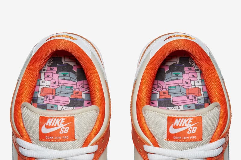 Nike SB Dunk Low Premium Orange Box Closer Look Old School Orange white colorway skateboarding white swoosh shoebox emboss