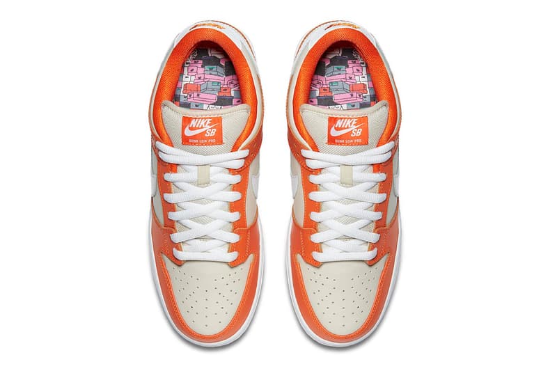 Nike SB Dunk Low Premium Orange Box Closer Look Old School Orange white colorway skateboarding white swoosh shoebox emboss