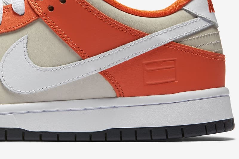 Nike SB Dunk Low Premium Orange Box Closer Look Old School Orange white colorway skateboarding white swoosh shoebox emboss