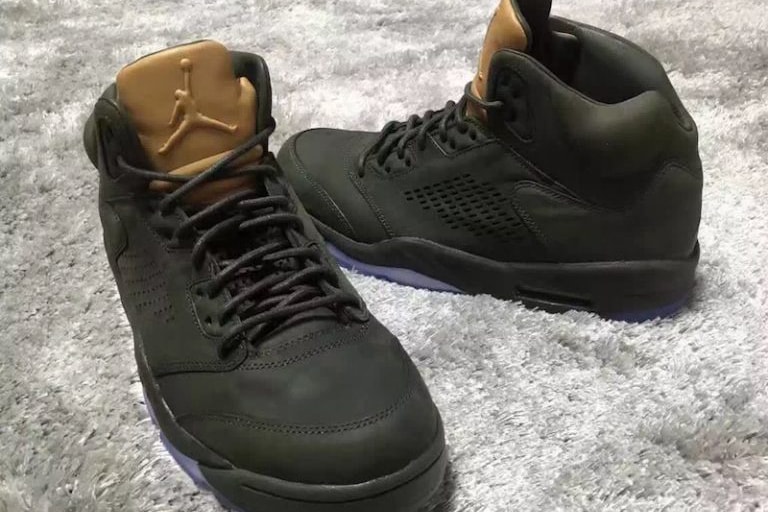 Air Jordan 5 Leather dark olive green leather tan tongue