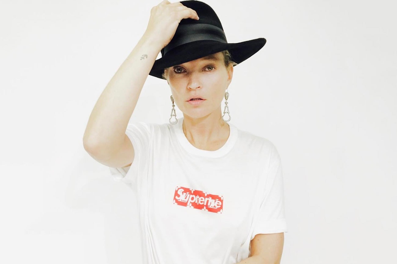 Kate Moss In Supreme x Louis Vuitton Box Logo T-Shirt