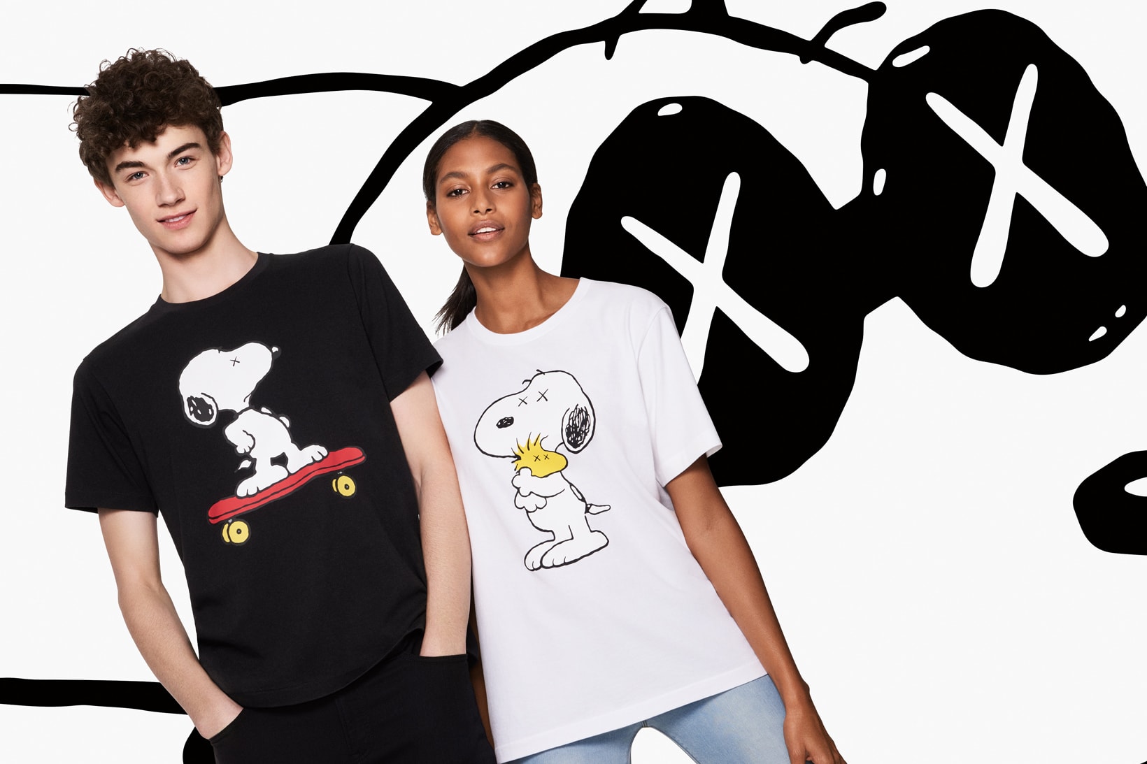 KAWS Peanuts Uniqlo UT Collection Snoopy Skateboard T-Shirt Black Snoopy Woodstock T-Shirt White