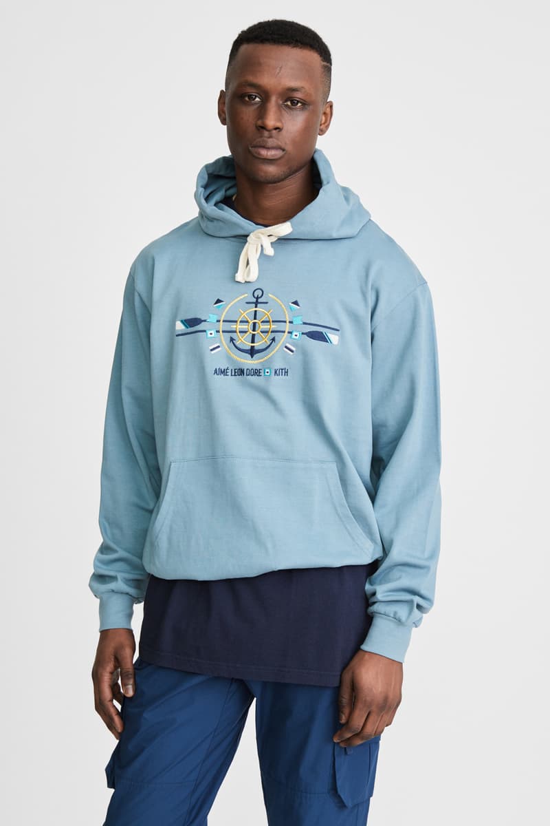 KITH x Aimé Leon Dore Mykonos Collaboration Light Blue Anchor Williams Hoodie Front