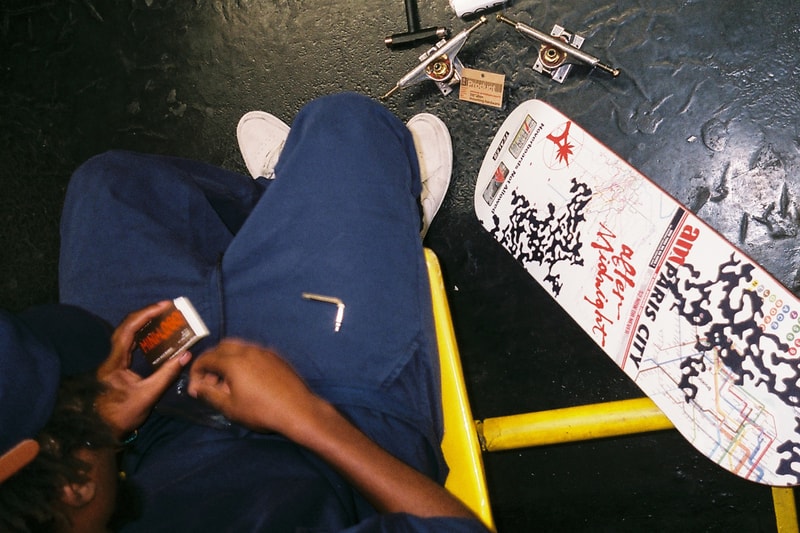 TEALER x Aftermidnight NYC Lookbook Blue trackpants Skateboard