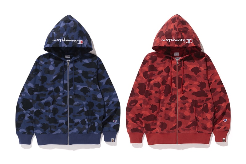 Bape x Champion Blue Red Color Camo Hoodie