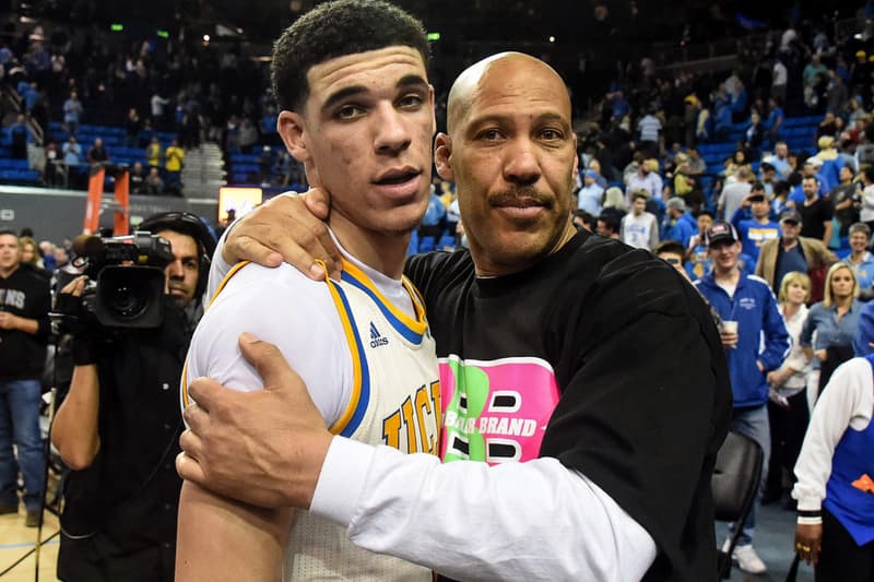 lonzo lavar ball ucla game hug picture 2016 2017 agent nba draft college basketball ncaa big baller brand sports group