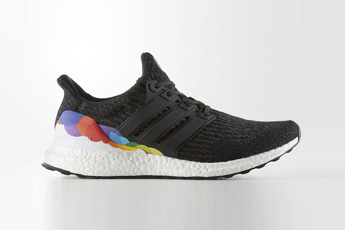 white ultra boost with rainbow heel