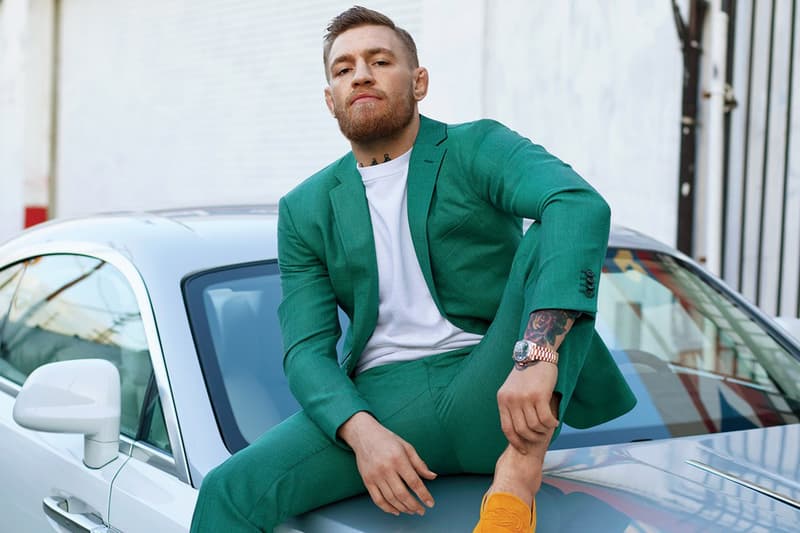 conor mcgregor green suit car gq magazine photoshoot model yellow shoes floyd mayweather jr fight boxing boxer mma ufc deal contract