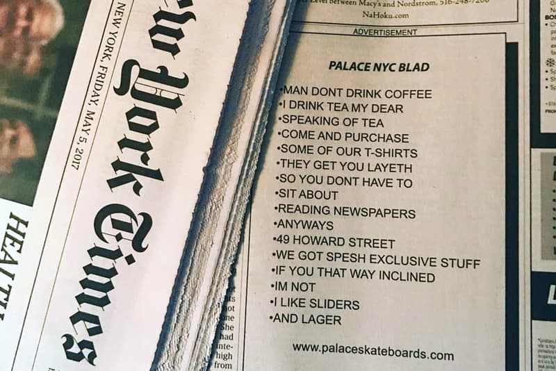 Palace Skateboards The New York Times advertisement