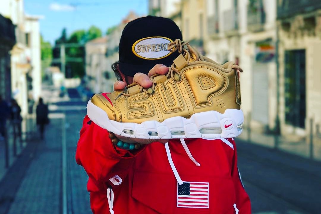 Supreme Nike Air More Uptempo Gold North Face Jacket Red