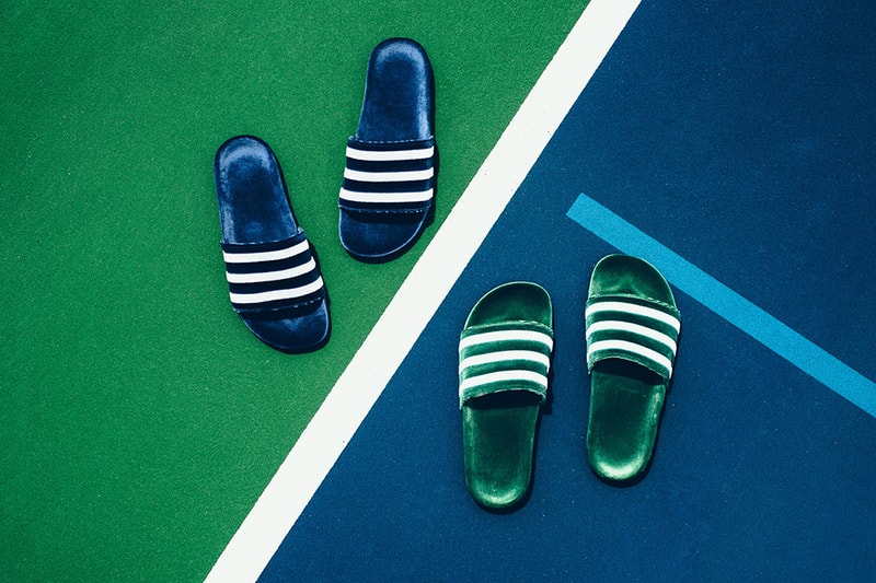 adidas Adilette Velvet Slides Mystery Blue Collegiate Green