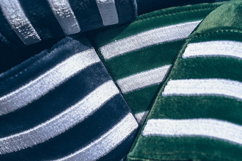 adidas Adilette Velvet Slides Mystery Blue Collegiate Green