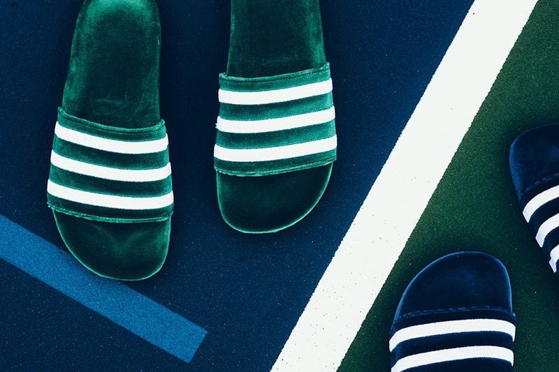 adidas Adilette Velvet Slides Mystery Blue Collegiate Green