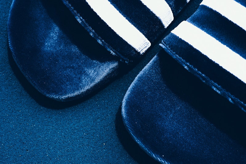 adidas Adilette Velvet Slides Mystery Blue Collegiate Green