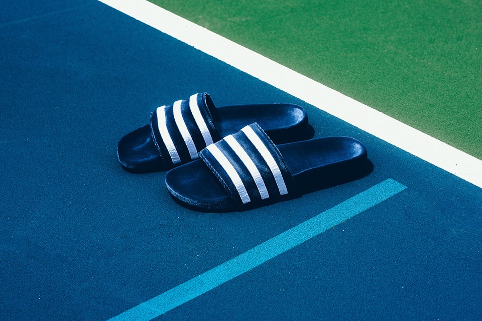 adidas Adilette Velvet Slides Mystery Blue Collegiate Green