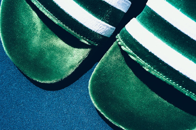 adidas Adilette Velvet Slides Mystery Blue Collegiate Green