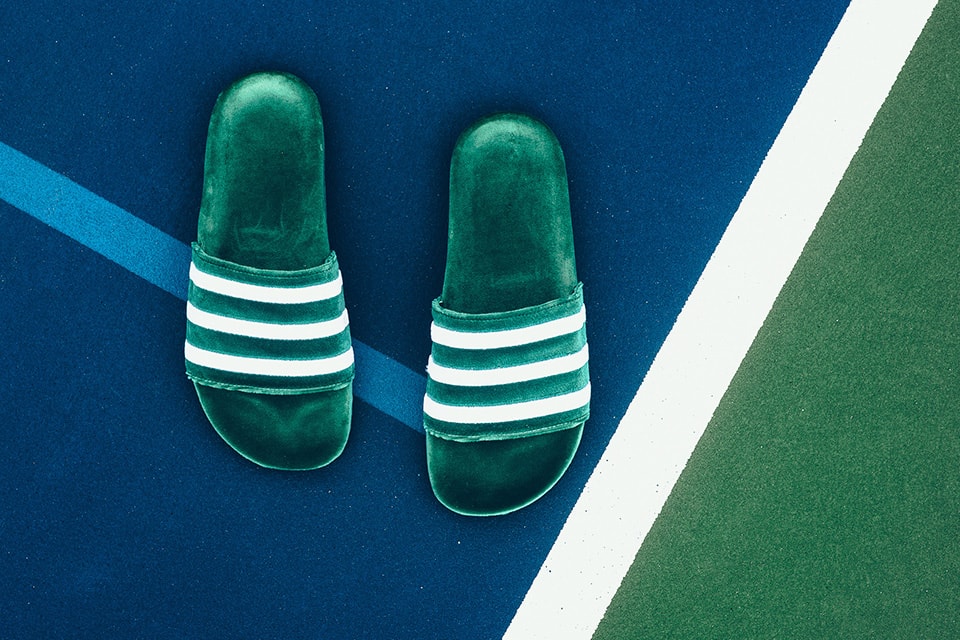 adidas Adilette Velvet Slides Mystery Blue Collegiate Green