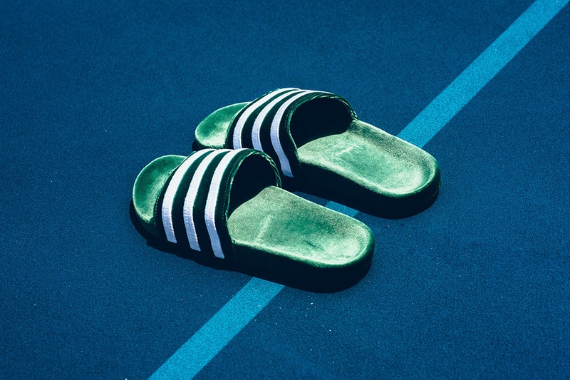 adidas Adilette Velvet Slides Mystery Blue Collegiate Green