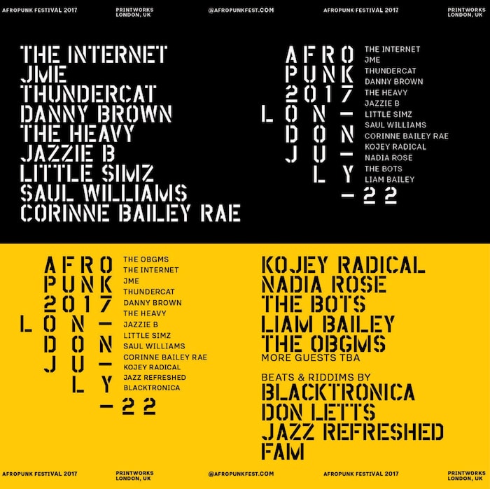 Afropunk London 2017 Lineup The Internet, JME, Danny Brown, Willow Smith, Thundercat, NAO, Little Simz, Corinne Bailey Rae