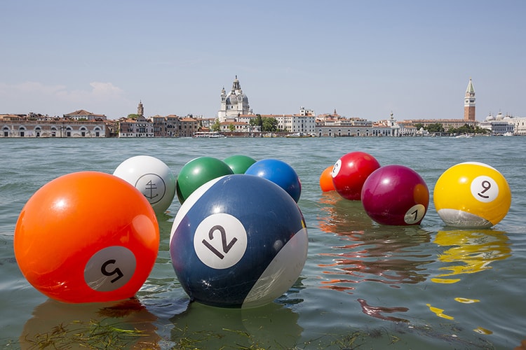 Hungarian Artist Installs a Colorful Batch of Inflatable Pool Balls on a Venetian Lagoon