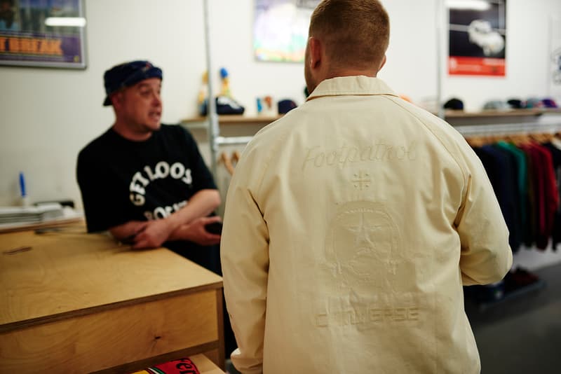 Foot Patrol x Converse One Star Collaboration at Duke's Cupboard back of Ned wearing the Foot Patrol jacket