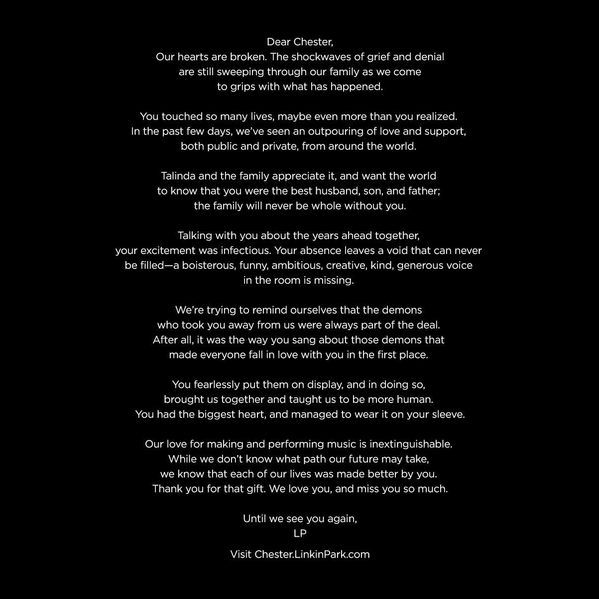 Linkin Park Chester Bennington Letter instagram social media open death passing ode tribute honor