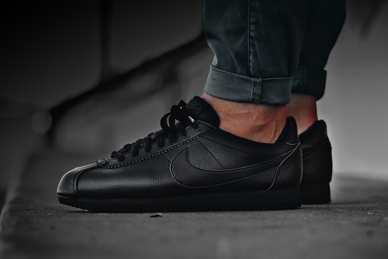 Nike Cortez Leather Triple Black On Feet Shoes Sneakers Footwear 2017 July Release Date Info