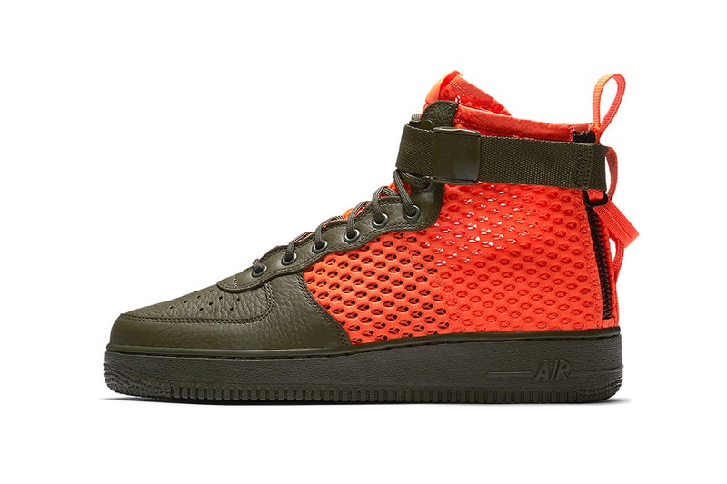 Nike SF AF1 Mid Cargo Khaki Total Crimson Mesh Sneakers Shoes Footwear Air Force 1 2017 August Release Date Info
