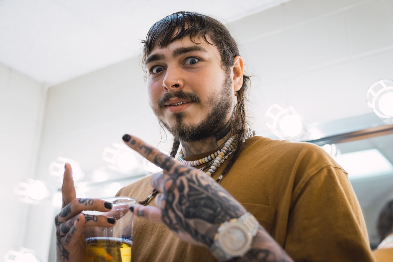 Post Malone Haircut WWE Aspirations Trance Acid Polka Album Stoney Congratulations White Iverson Deja Vu backstage performance carhartt jewelry stage clothing style fashion outfit beer beerbongs bentleys