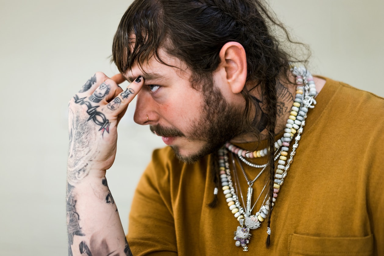 Post Malone Haircut WWE Aspirations Trance Acid Polka Album Stoney Congratulations White Iverson Deja Vu backstage performance carhartt jewelry stage clothing style fashion outfit beer beerbongs bentleys