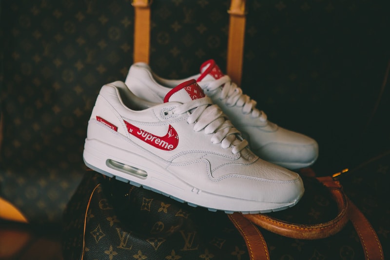 Supreme Louis Vuitton Nike Air Max 1 Custom BespokeIND Sneakers Footwear Shoes Collaboration 2017 Box Logo Monogram Red