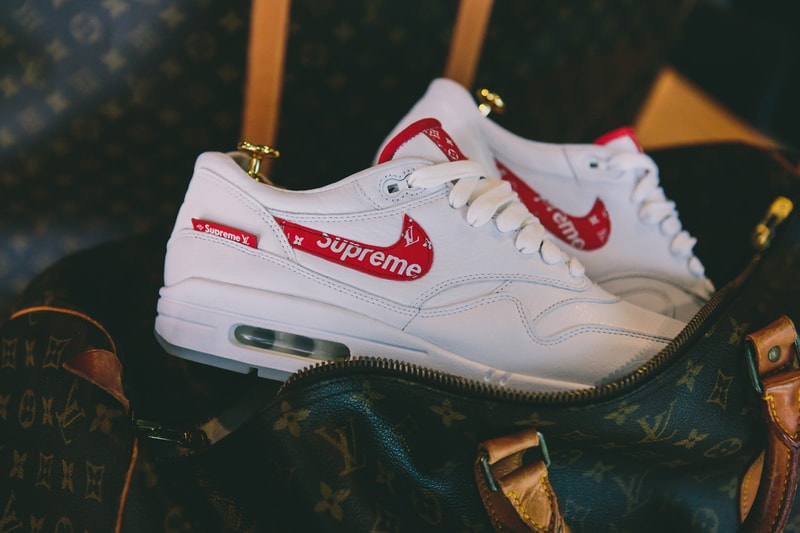 Supreme Louis Vuitton Nike Air Max 1 Custom BespokeIND Sneakers Footwear Shoes Collaboration 2017 Box Logo Monogram Red
