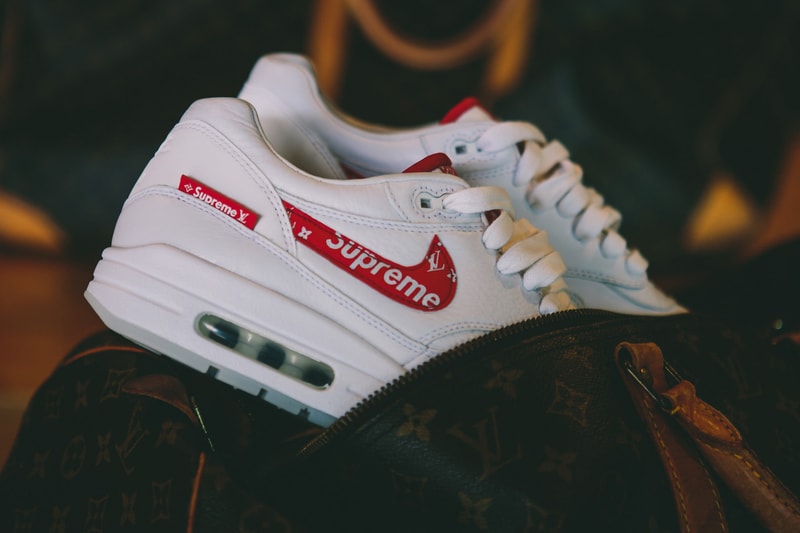 Supreme Louis Vuitton Nike Air Max 1 Custom BespokeIND Sneakers Footwear Shoes Collaboration 2017 Box Logo Monogram Red