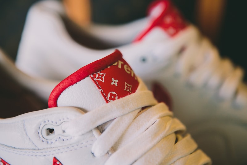 Supreme Louis Vuitton Nike Air Max 1 Custom BespokeIND Sneakers Footwear Shoes Collaboration 2017 Box Logo Monogram Red