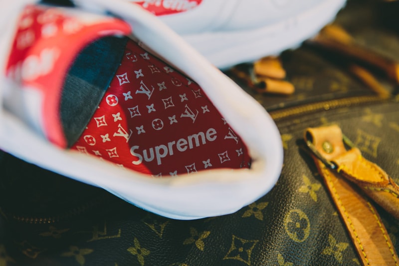 Supreme Louis Vuitton Nike Air Max 1 Custom BespokeIND Sneakers Footwear Shoes Collaboration 2017 Box Logo Monogram Red