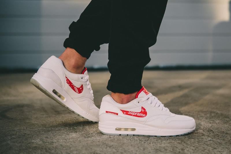 Supreme Louis Vuitton Nike Air Max 1 Custom BespokeIND Sneakers Footwear Shoes Collaboration 2017 Box Logo Monogram Red