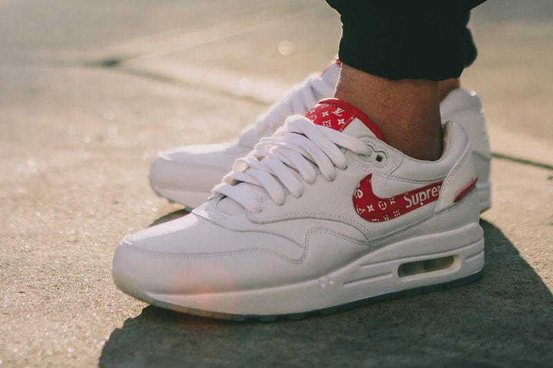 Supreme Louis Vuitton Nike Air Max 1 Custom BespokeIND Sneakers Footwear Shoes Collaboration 2017 Box Logo Monogram Red