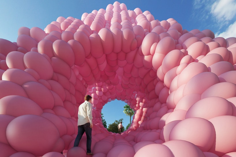 Cyril Lancelin Town and Concrete Pyramid Pink Balloons Architecture Design Installation