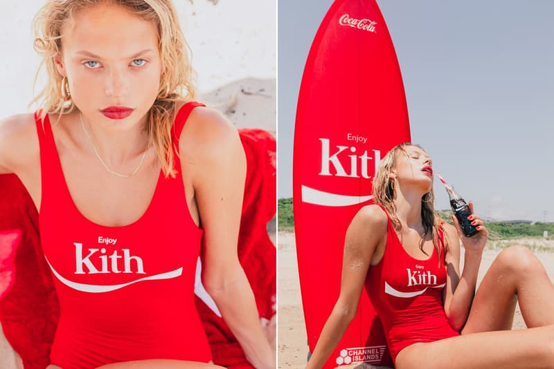 KITH Coca Cola Capsule Collection Lookbook red hoodie blue swim trunks Converse Chuck Taylor red surfboard